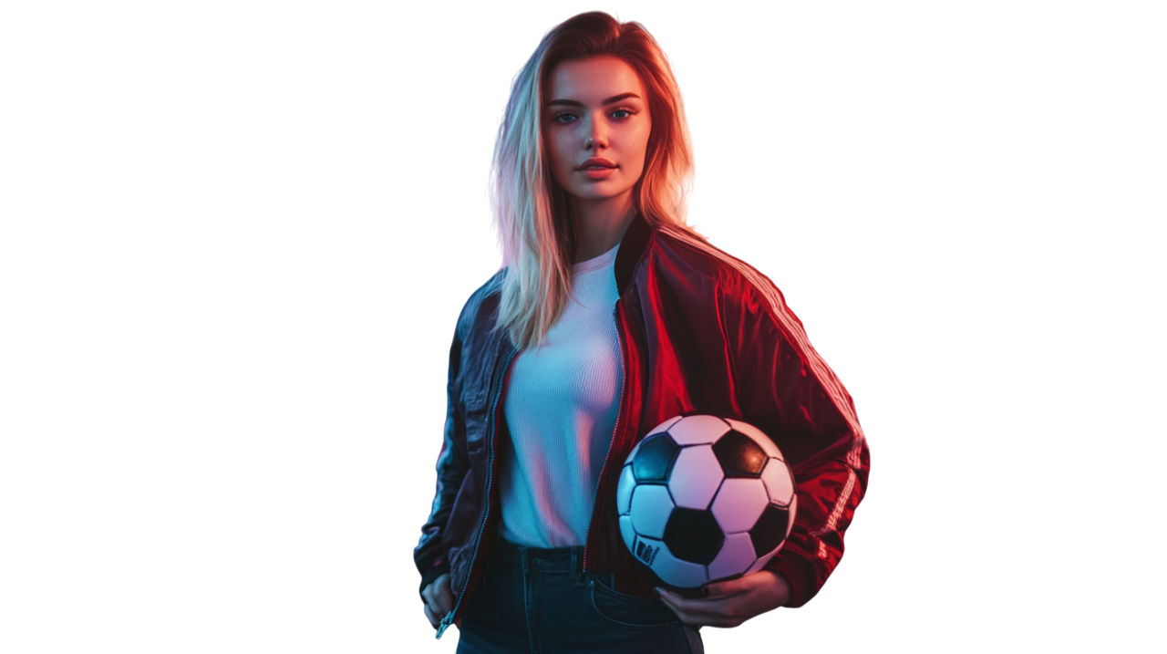 Sports bar with a girl holding a soccer ball